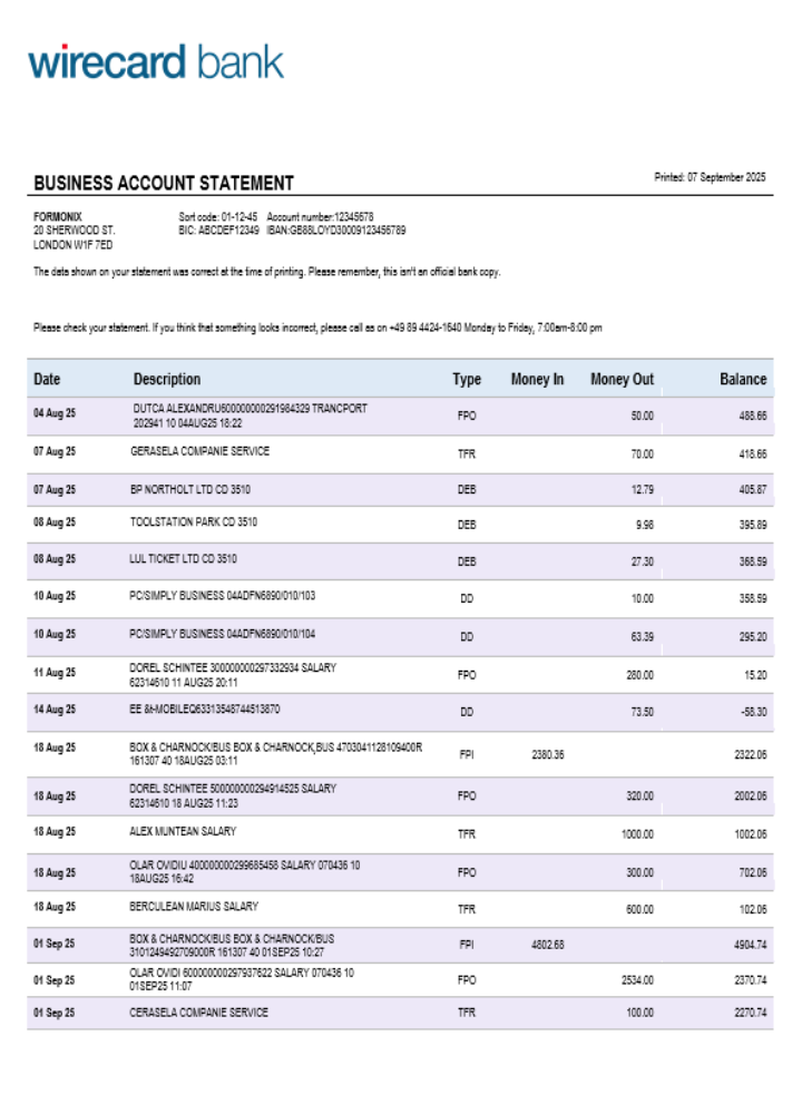 Relevé bancaire du compte d'entreprise Aschheim Wirecard au format Word et PDF